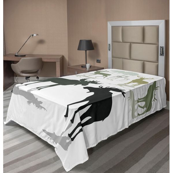 Abakuhaus Lenzuolo Con Corna Di Cervo, Alce, Cervo Rosso, Cerbiatto, Silhouette, Sfondo Bosco, Tema Habitat Naturale, Lenzuolo Morbido E Confortevole Per Un Letto Decorativo, 1 Pezzo, 190 Cm X 100 Cm, Verde Nero-image