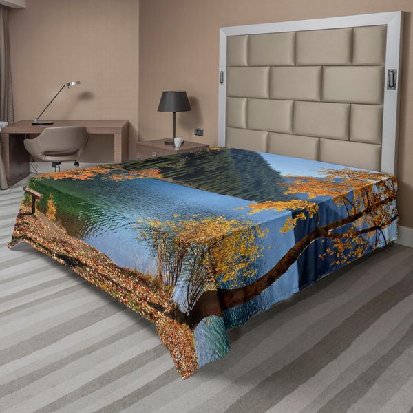 Abakuhaus Lenzuolo Con Motivo Alberi, Stagione Autunnale Tra Lago E Montagna Tema Naturale Asiatico Alberi Autunnali Nella Natura Selvaggia, Lenzuolo Morbido E Confortevole Per Un Letto Decorativo 1 Pezzo 260 Cm X 228 Cm, Arancione Verde-image