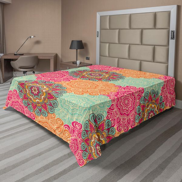 Abakuhaus Lenzuolo Mandala, Motivi Mandala Antichi Cerchi In Colori Vintage Ornamenti Tribali Nativi, Lenzuolo Morbido E Confortevole Per Un Letto Decorativo 1 Pezzo 266 Cm X 260 Cm, Fucsia Arancione-image