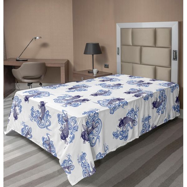 Abakuhaus Lenzuolo Giapponese, Creature Marine Raffigurate Come Coppie Di Innamorati Sulle Onde Stampa Ripetuta Unica Giapponese, Lenzuolo Morbido E Confortevole Per Un Letto Decorativo 1 Pezzo 260 Cm X 168 Cm, Blu Scuro-image