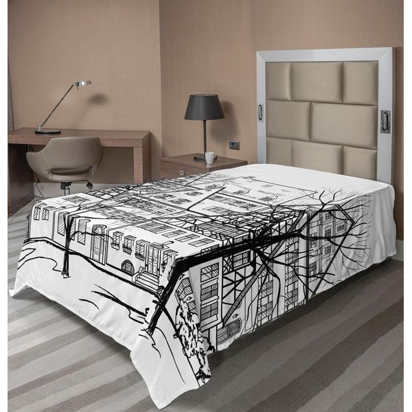 Abakuhaus Vista Della Città Lenzuolo, Stagione Autunnale Panorama Urbano Città Europea Strade Illustrazione Disegnata A Mano, Morbido E Confortevole Lenzuolo Superiore Per Un Letto Decorativo 1 Pezzo 190 Cm X 100 Cm, Bianco Nero-image