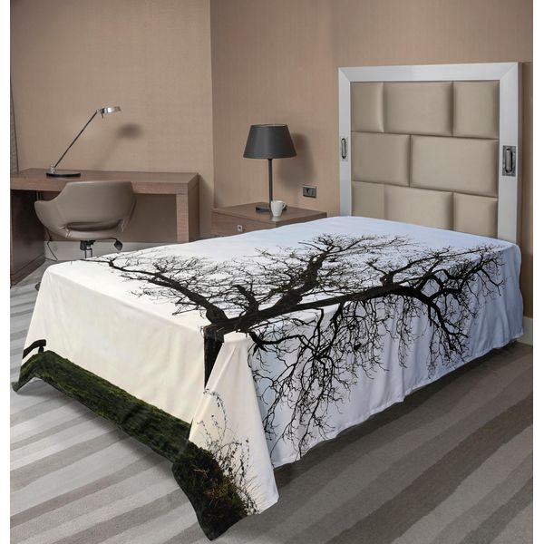 Abakuhaus Lenzuolo Con Motivo Albero, Silhouette Di Una Panchina E Un Albero Contro Il Pallido Cielo Serale In Un Paesaggio Naturale Invernale, Morbido E Confortevole Lenzuolo Superiore Per Un Letto Decorativo 1 Pezzo 260 Cm X 168 Cm, Marrone Blu-image