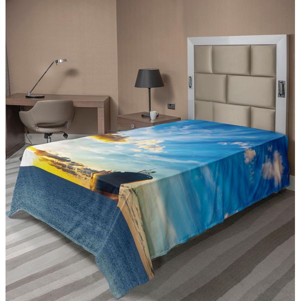 Abakuhaus Lenzuolo Nautico, Vista Panoramica Da Sogno Con Grande Nave Mercantile Nell'oceano, Stampa, Lenzuolo Morbido E Confortevole Per Un Letto Decorativo, 1 Pezzo, 190 Cm X 100 Cm, Blu-image