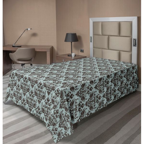 Abakuhaus Lenzuolo In Damasco, Motivo Sagomato Foglie Modulari Occidentali Rayon, Linee Con Fiori Ricurvi, Lenzuolo Superiore Morbido E Confortevole Per Un Letto Decorativo 1 Pezzo 260 Cm X 168 Cm, Marrone Verde Acqua-image