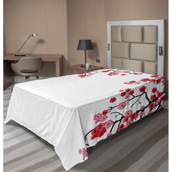 Abakuhaus Lenzuolo Con Fiori, Illustrazione Della Fioritura Dei Ciliegi, Stampa Tradizionale Floreale, Lenzuolo Morbido E Confortevole Per Un Letto Decorativo, 1 Pezzo, 190 Cm X 100 Cm, Viola Scuro, Bianco, Rosa-image