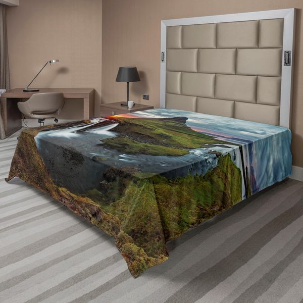 Abakuhaus Lenzuolo Con Paesaggio, Cascata Paesaggio Al Tramonto Islandese Tema Naturale, Morbido E Confortevole Lenzuolo Superiore Per Un Letto Decorativo 1 Pezzo 244 Cm X 205 Cm, Multicolore-image