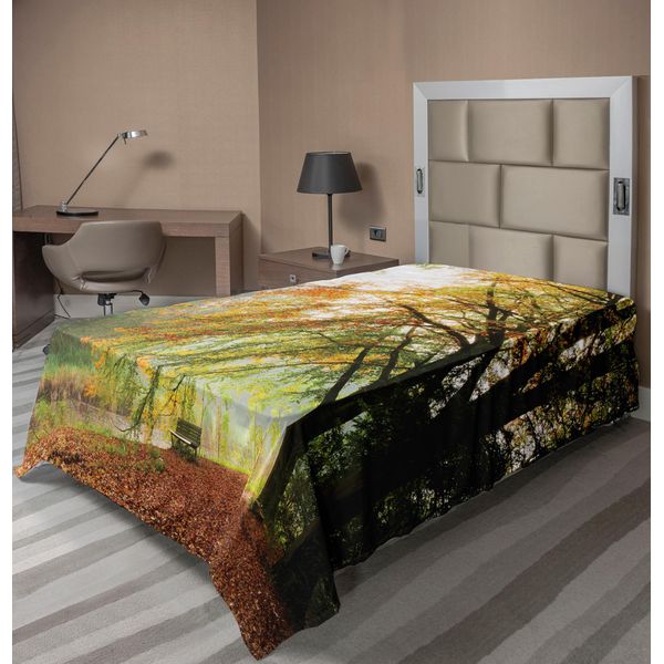 Abakuhaus Lenzuolo Da Letto Bosco, Panorama Autunnale In Un Bosco Con Foglie Dai Colori Sbiaditi Immagine Autunnale Dell'europa Settentrionale, Lenzuolo Superiore Morbido E Confortevole Per Un Letto Decorativo 1 Pezzo 260 Cm X 168 Cm, Arancione Verde-image