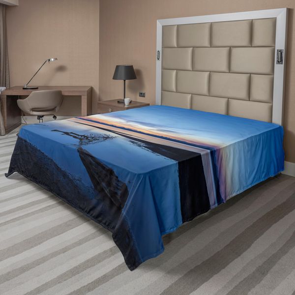 Abakuhaus Lenzuolo Yellowstone, Lago Orizzonte Cielo Limpido Madre Terra Natura Ramo Alba Immagine Stampata, Lenzuolo Superiore Morbido E Confortevole Per Un Letto Decorativo 1 Pezzo 260 Cm X 228 Cm, Arancione Blu-image