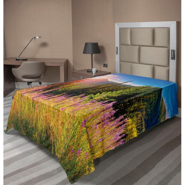 Abakuhaus Lenzuolo Con Paesaggio, Paesaggio Montano Con Fiori, Alberi Alpini E Bosco All'alba, Lenzuolo Morbido E Confortevole Per Un Letto Decorativo, 1 Pezzo, 260 Cm X 168 Cm, Verde Rosa-image