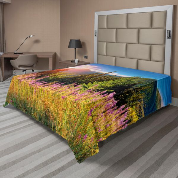 Abakuhaus Lenzuolo Con Paesaggio, Paesaggio Montano Con Fiori, Alberi Alpini E Bosco All'alba, Lenzuolo Morbido E Confortevole Per Un Letto Decorativo 1 Pezzo 275 Cm X 260 Cm, Verde Rosa-image