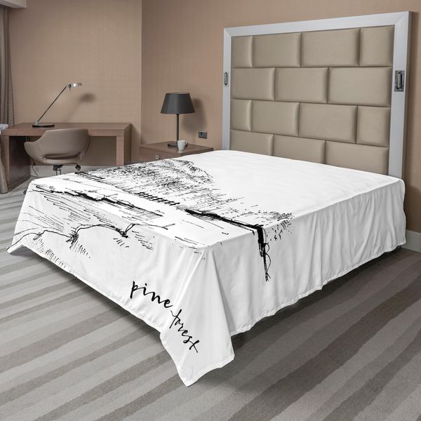 Abakuhaus Lenzuolo Con Disegno, Vista Di Una Pineta Attraverso Un Lago Con Montagne E Paesaggio Rurale, Morbido E Confortevole Lenzuolo Superiore Per Un Letto Decorativo 1 Pezzo 244 Cm X 205 Cm, Bianco Nero-image