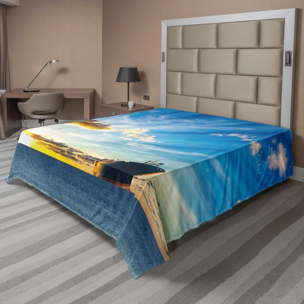 Abakuhaus Lenzuolo Nautico, Vista Panoramica Da Sogno Con Grande Nave Mercantile Nell'oceano, Stampa, Lenzuolo Morbido E Confortevole Per Un Letto Decorativo, 1 Pezzo, 260 Cm X 228 Cm, Blu-image