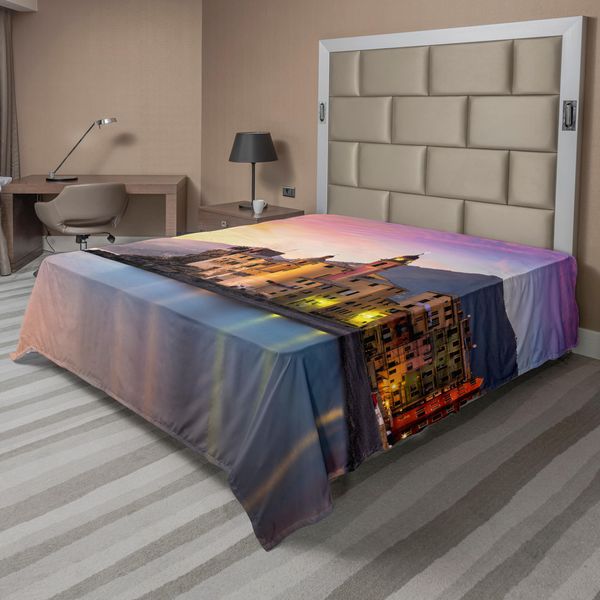 Abakuhaus Vista Della Città Lenzuolo, Città Mediterranea Camogli Dall'italia Alba Paesaggio Scenografico Colorato, Lenzuolo Morbido E Confortevole Per Un Letto Decorativo 1 Pezzo 275 Cm X 260 Cm, Giallo Pesca-image