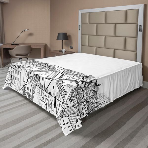 Abakuhaus Vista Della Città Lenzuolo, Disegno Tipo Tetti Vista Città Zona Residenziale Stile Di Vita Urbano, Morbido E Confortevole Lenzuolo Superiore Per Un Letto Decorativo 1 Pezzo 244 Cm X 205 Cm, Bianco Nero-image