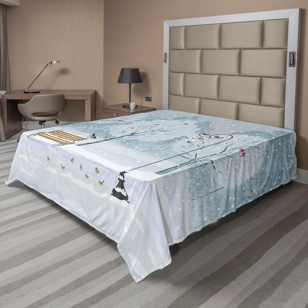 Abakuhaus Lenzuolo Natalizio, Neve, Uccellino Nel Parco In Una Fredda Giornata Invernale, Lanterne, Morbido E Confortevole Lenzuolo Superiore Per Un Letto Decorativo, 1 Pezzo, 275 Cm X 260 Cm, Blu E Bianco-image