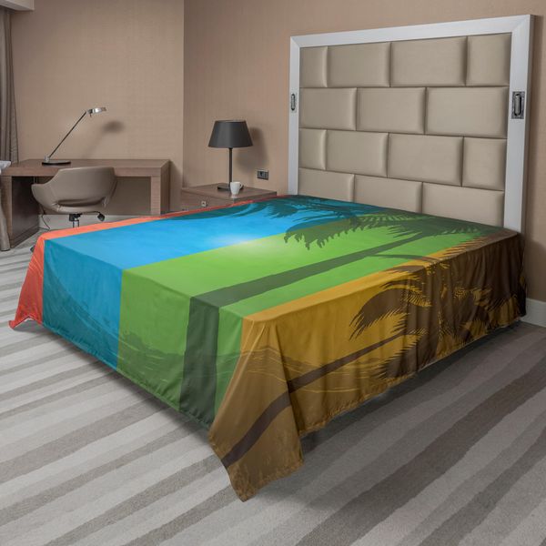 Abakuhaus Lenzuolo Grunge, Silhouette Di Palme Su Strisce Verticali Colorate Sunbeams Arte Tropicale Boho, Lenzuolo Morbido E Confortevole Per Un Letto Decorativo 1 Pezzo 266 Cm X 260 Cm, Blu Rosso-image