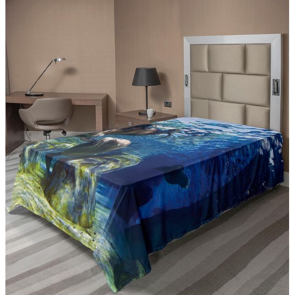 Abakuhaus Lenzuolo Con Animali Marini, Giocosi Leoni Marini Della California In Acque Cristalline, Tema Mondo Sottomarino Rocce, Lenzuolo Morbido E Confortevole Per Un Letto Decorativo 1 Pezzo 190 Cm X 100 Cm, Blu Navy-image