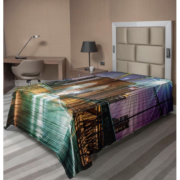 Abakuhaus Lenzuolo Paesaggistico, Brooklyn Bridge Pedestrian Walkway Before Sunrise American Landmark Image, Morbido E Confortevole Lenzuolo Superiore Per Un Letto Decorativo 1 Pezzo 190 Cm X 100 Cm, Viola-image