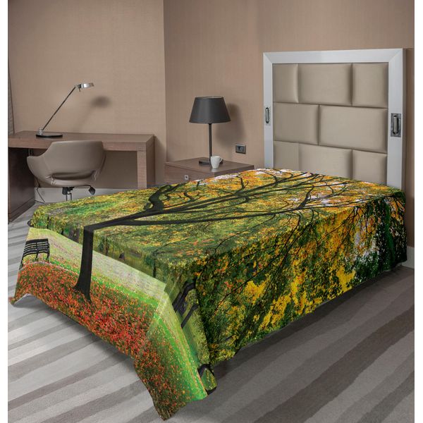 Abakuhaus Lenzuolo Con Motivo Alberi, Terza Stagione Dell'anno Nel Parco Foglie Morte Autunno Inverno Immagine Stagionale, Lenzuolo Morbido E Confortevole Per Un Letto Decorativo 1 Pezzo 260 Cm X 168 Cm, Verde Giallo-image