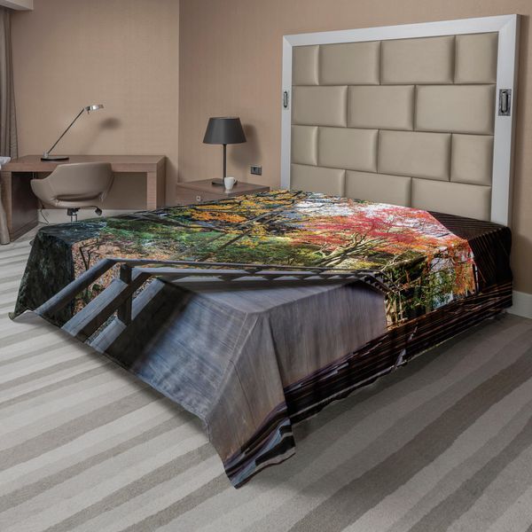 Abakuhaus Lenzuolo Giapponese, Paesaggio Boschivo Da Un Balcone Di Legno Nel Paradiso Autunnale Stampa Con Acero, Lenzuolo Morbido E Confortevole Per Un Letto Decorativo 1 Pezzo 266 Cm X 260 Cm, Verde Marrone-image