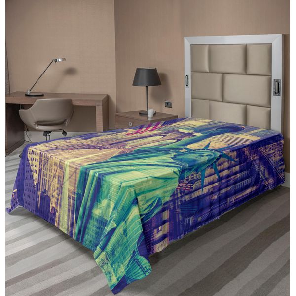 Abakuhaus Lenzuolo Americano, Simboli Di New York: Grattacieli, Ponte Di Brooklyn, Statua Della Libertà, Bandiera, Lenzuolo Morbido E Confortevole Per Un Letto Decorativo, 1 Pezzo, 260 Cm X 168 Cm, Rosso, Blu, Bianco-image