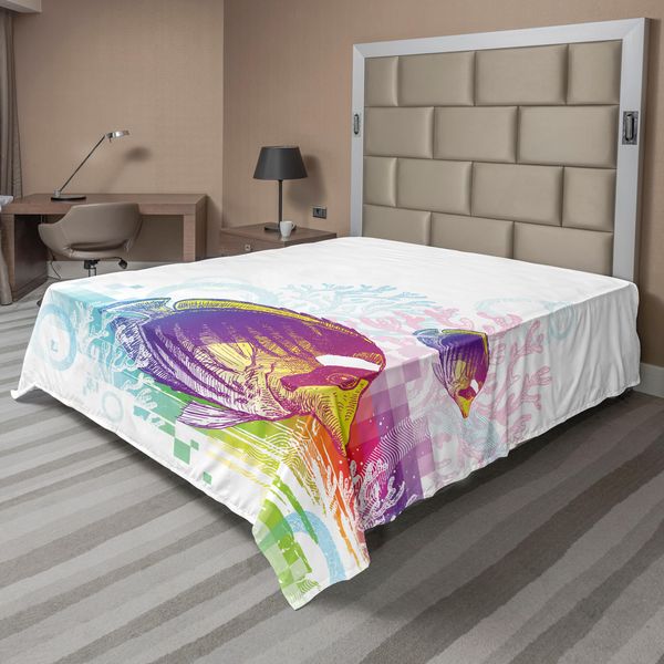 Abakuhaus Lenzuolo Tropicale Con Animali, Calamari Colorati, Morire Circondati Dall'oceano Pixel, Immagine Esotica, Lenzuolo Morbido E Confortevole Per Un Letto Decorativo 1 Pezzo 266 Cm X 260 Cm, Multicolore-image