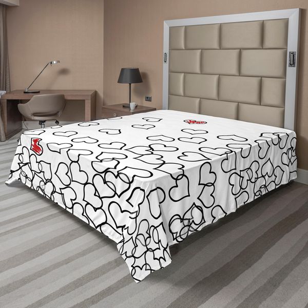 Abakuhaus Lenzuolo Bianco E Nero, Illustrazione Con Cuori, Tema Amore, Sposa, Matrimonio, Morbido E Confortevole Lenzuolo Superiore Per Un Letto Decorativo, 1 Pezzo, 260 Cm X 228 Cm, Bianco, Nero, Rosso-image