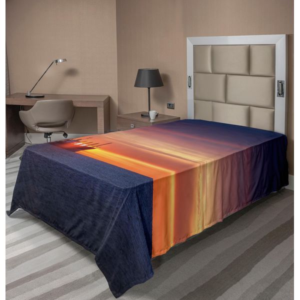Abakuhaus Lenzuolo Nautico, Alba Sull'orizzonte Sul Mare Con Immagine Di Nave Da Carico Logistica A Vela, Lenzuolo Morbido E Confortevole Per Un Letto Decorativo 1 Pezzo 190 Cm X 100 Cm, Arancione Blu-image