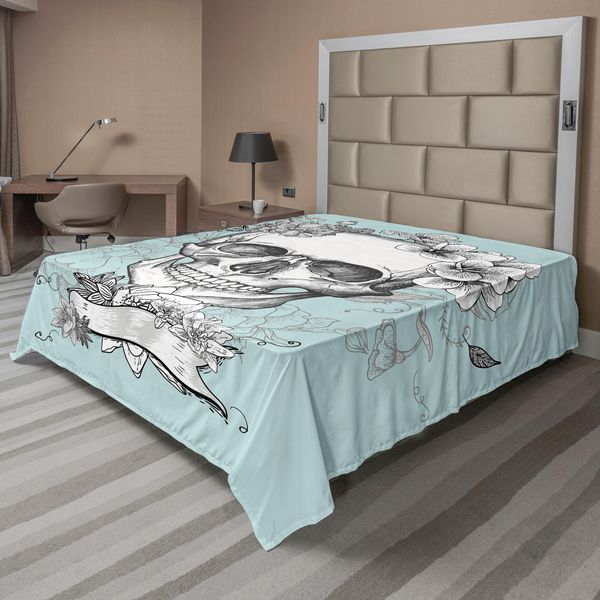Abakuhaus Lenzuolo Grunge, Teschi E Fiori Giorno Dei Morti Festa Tradizionale Messicana Arte Simbolica, Lenzuolo Morbido E Confortevole Per Un Letto Decorativo 1 Pezzo 244 Cm X 205 Cm, Turchese Bianco-image