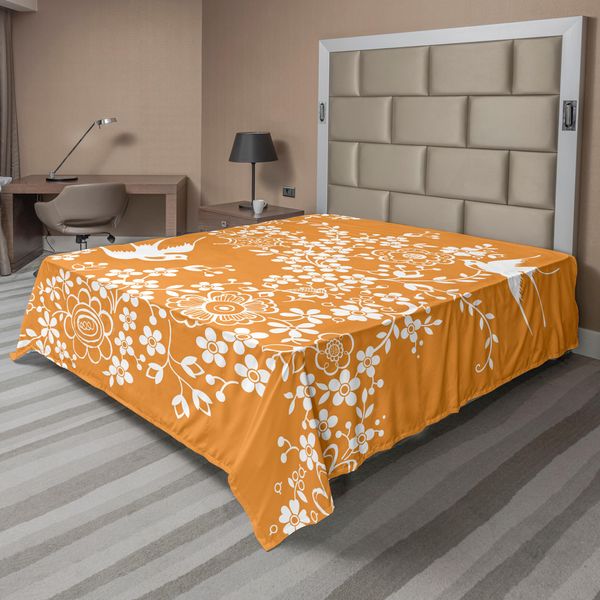 Abakuhaus Lenzuolo Giapponese, Motivo Floreale Orientale Giapponese Con Uccellino Asiatico, Colori Pastello, Lenzuolo Morbido E Confortevole Per Un Letto Decorativo, 1 Pezzo, 266 Cm X 260 Cm, Bianco Margherita-image