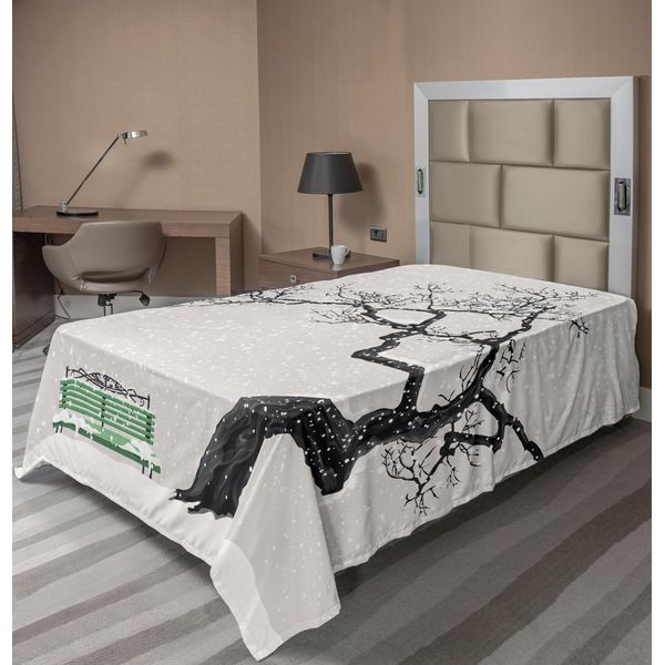 Abakuhaus Lenzuolo Con Albero, Drastico Paesaggio Invernale Con Panchina Retrò E Albero Solitario In Una Giornata Fredda, Morbido E Comodo Lenzuolo Superiore Per Un Letto Decorativo 1 Pezzo 260 Cm X 168 Cm, Grigio Antracite Verde Mare-image