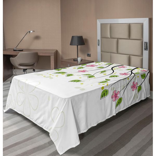 Abakuhaus Lenzuolo Con Fiori, Ramo Con Foglie E Fiori, Illustrazione Cartoon, Infanzia Felice, Estate, Natura, Arte, Lenzuolo Morbido E Confortevole Per Un Letto Decorativo, 1 Pezzo, 190 Cm X 100 Cm, Verde Rosa-image
