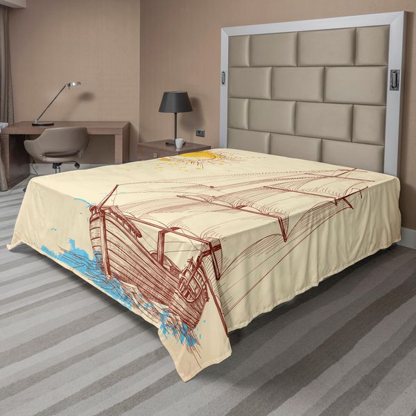 Abakuhaus Lenzuolo Nautico, Motivo Marino Barca A Vela Nel Mare Ventoso Con Galeone Che Saluta Spruzzato Dal Sole, Lenzuolo Superiore Morbido E Confortevole Per Un Letto Decorativo 1 Pezzo 266 Cm X 260 Cm, Crema Marrone-image