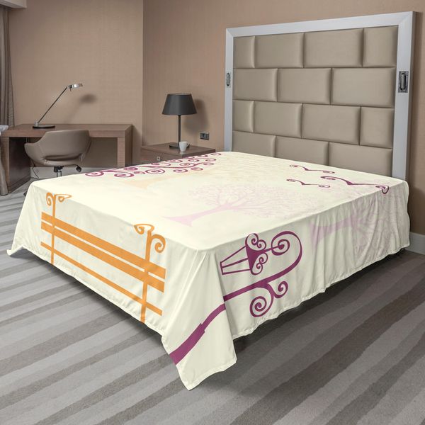 Abakuhaus Lenzuolo Naturale, Colori Pastello Immagine Naturale Linee Sinuose Gabbiani Panchina E Alberi Sagome Parco, Lenzuolo Morbido E Confortevole Per Un Letto Decorativo 1 Pezzo 260 Cm X 228 Cm, Viola-image