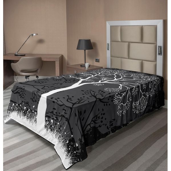 Abakuhaus Lenzuolo Grigio, Illustrazione Artistica Di Un Albero Con Rami In Crescita Allegra Erba Stagionale Stirata Dalla Natura, Morbido E Confortevole Lenzuolo Superiore Per Un Letto Decorativo 1 Pezzo 190 Cm X 100 Cm, Grigio Bianco-image