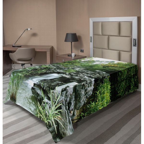 Abakuhaus Lenzuolo Giapponese, Asian Yard Little Lake Tra Gli Alberi Pietre I Stagione Autunnale Natura Selvaggia, Morbido E Confortevole Lenzuolo Superiore Per Un Letto Decorativo 1 Pezzo 260 Cm X 168 Cm, Verde Bianco-image