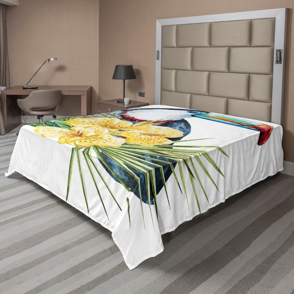 Abakuhaus Lenzuolo Tropicale Con Animali, Tucano Con Fiori Esotici Di Ibisco E Orchidea, Foglie Di Palma, Lenzuolo Morbido E Confortevole Per Un Letto Decorativo, 1 Pezzo 260 Cm X 228 Cm, Multicolore-image