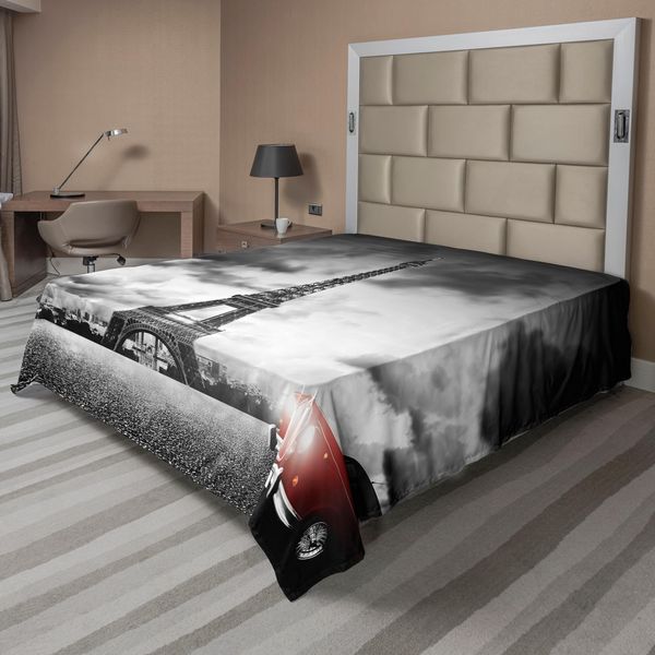 Abakuhaus Lenzuolo Per Letto, Romantica Torre Eiffel Famosa In Una Giornata Nuvolosa E Stampa Di Veicolo Rosso, Lenzuolo Morbido E Confortevole Per Un Letto Decorativo 1 Pezzo 244 Cm X 205 Cm, Grigio Rosso-image