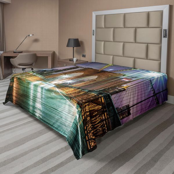 Abakuhaus Lenzuolo Paesaggistico, Brooklyn Bridge Pedestrian Walkway Before Sunrise American Landmark Image, Morbido E Confortevole Lenzuolo Superiore Per Un Letto Decorativo 1 Pezzo 244 Cm X 205 Cm, Viola-image