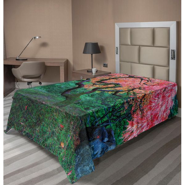 Abakuhaus Lenzuolo Giapponese, Foglia Di Acero Rosso Invecchiata Con Muschio, Paesaggio Di Giardino Asiatico In Autunno, Erba, Natura, Lenzuolo Morbido E Confortevole Per Un Letto Decorativo, 1 Pezzo, 190 Cm X 100 Cm, Verde-image