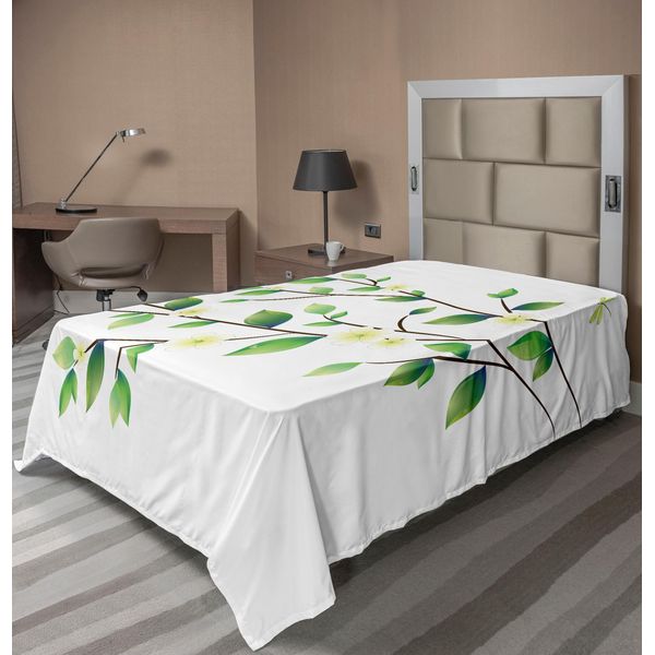Abakuhaus Lenzuolo Libellula, Foglie Con Piccole Libellule E Gelsomino Botanico Illustrazione Botanica, Lenzuolo Superiore Morbido E Confortevole Per Un Letto Decorativo 1 Pezzo 260 Cm X 168 Cm, Verde Bianco-image