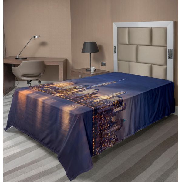 Abakuhaus Vista Della Città Lenzuolo, New York Manhattan Tramonto Vista Immagine Con Riflesso Dello Skyline Sul Fiume, Morbido E Confortevole Lenzuolo Superiore Per Un Letto Decorativo 1 Pezzo 260 Cm X 168 Cm, Multicolore-image