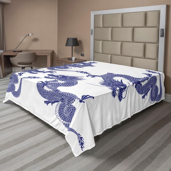 Abakuhaus Lenzuolo Con Drago, Drago Indigeno Giapponese Su Sfondo Bianco, Leggenda Creativa, Mito Asiatico Stampato, Lenzuolo Morbido E Confortevole Per Un Letto Decorativo, 1 Pezzo, 260 Cm X 228 Cm, Blu-image