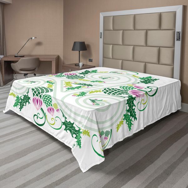 Abakuhaus Lenzuolo Celtico, Forma Celtica Macro A Tre Gambe Con Linee Curve Dal Centro, Lenzuolo Superiore Morbido E Confortevole Per Un Letto Decorativo, 1 Pezzo, 244 Cm X 205 Cm, Verde Rosa-image