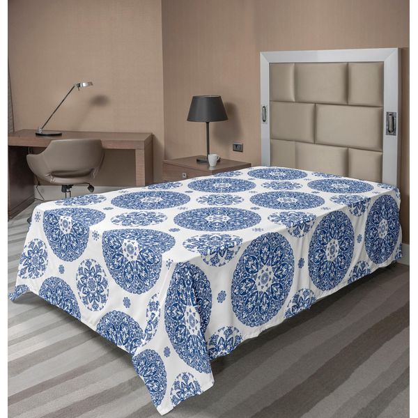 Abakuhaus Lenzuolo Vintage, Stile Country Francese, Motivo Floreale A Cerchi, Pizzo, Fiocco Di Neve, Stampa Di Design, Lenzuolo Morbido E Confortevole Per Un Letto Decorativo, 1 Pezzo, 260 Cm X 168 Cm, Blu E Bianco-image