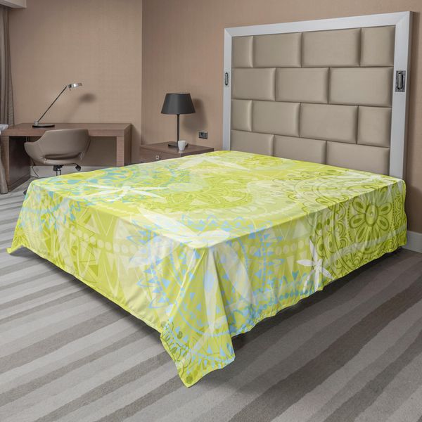 Abakuhaus Lenzuolo Con Libellule, Sagome Di Libellule Su Sfondo Rotondo Con Stampa Etnica Mandala Ispirata Ai Cerchi, Lenzuolo Morbido E Confortevole Per Un Letto Decorativo 1 Pezzo 260 Cm X 228 Cm, Verde Bianco-image
