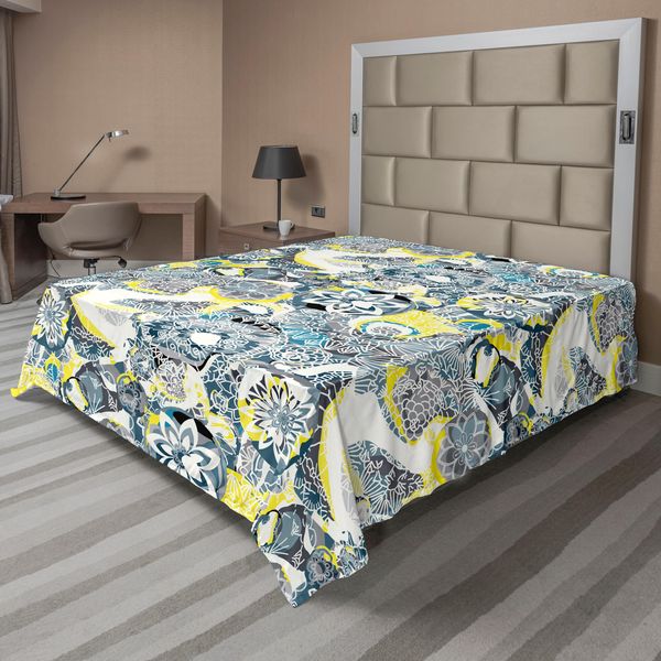 Abakuhaus Lenzuolo Mandala, Mandala Floreale Decorativo Vintage Fiori Foglie Tema Giardino, Morbido E Confortevole Lenzuolo Superiore Per Un Letto Decorativo 1 Pezzo 260 Cm X 228 Cm, Giallo / Blu-image