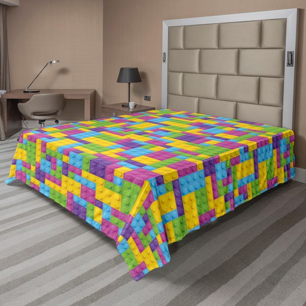 Abakuhaus Lenzuolo Per Asilo Nido, Cubi Colorati In Plastica Da Costruzione, Illustrazione Geometrica Infantile, Lenzuolo Morbido E Confortevole Per Un Letto Decorativo, 1 Pezzo, 266 Cm X 260 Cm, Viola, Verde, Blu-image