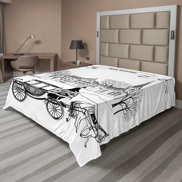 Abakuhaus Sketch Lenzuolo, Vecchia Scena Di Strada Carro Cavallo Anni Venti Tema Storico, Morbido E Confortevole Lenzuolo Superiore Per Un Letto Decorativo 1 Pezzo 275 Cm X 260 Cm, Bianco Nero-image