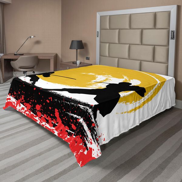Abakuhaus Lenzuolo Giapponese, Stile Acquerello Silhouette Ninja Luce Della Luna Battaglia Medievale, Lenzuolo Morbido E Confortevole Per Un Letto Decorativo 1 Pezzo 244 Cm X 205 Cm, Senape Vermiglio-image